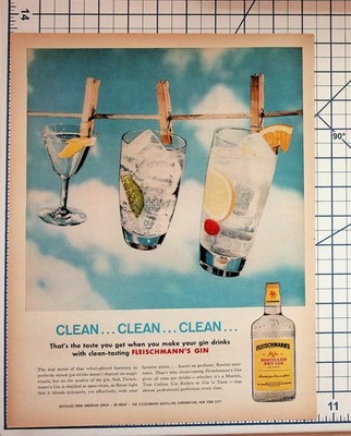 Vintage Fleischmann's Gin Magazine Ad 1950s Cocktails Bar Decor New York City