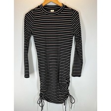 Abound Nordstrom NWT S Black Tan Striped Side Ruched Long Sleeve Dress Mini