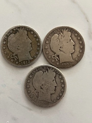 Barber Half Dollar Silver Coins 1903, 1906-D, 1912 Lot of 3 Circulated