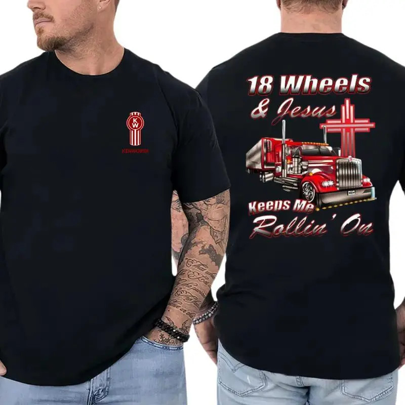 18 Wheels & Jesus Cross Graphic Tee, Kenworth Faith T-Shirt, Red Big Rig Semi Tr