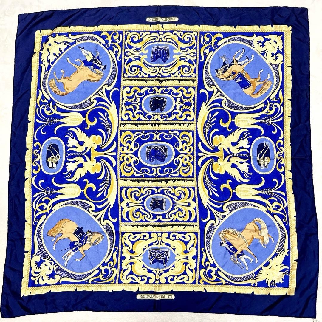 HERMES Silk Scarf Carré 90 LA PRESENTATION Blue Navy Gold 35.4 x 35.4 in