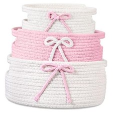 3 Pieces Coquette Bow Laundry Hamper Cotton Rope Storage Basket Pink, White