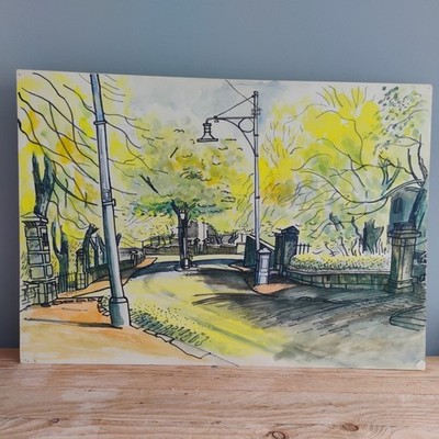 Gouache Gemälde FK Owen Park Landschaft hellgrün Straßenszene
