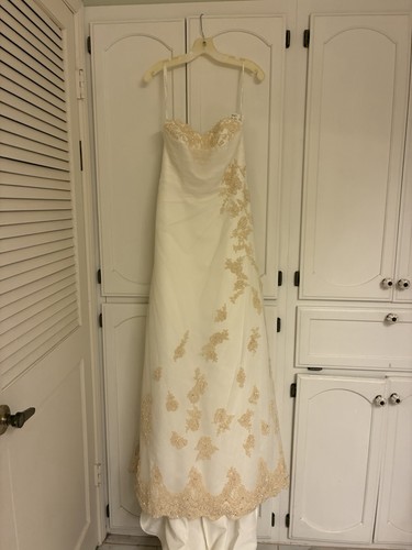 David's Bridal Strapless A-Line Tulle Train Wedding Dress Ivory/Gold Size 6