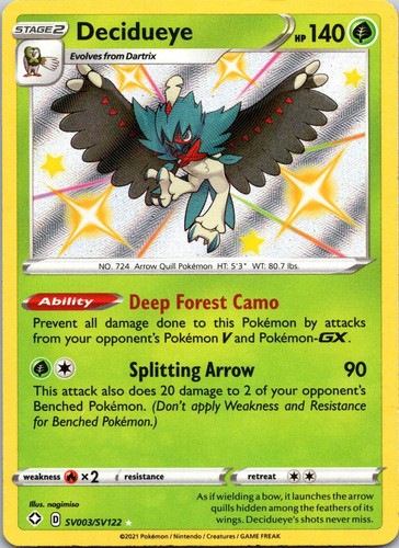 Decidueye SV003/SV122 Shiny Rare Shining Fates Shiny Vault Pokemon Holo NM
