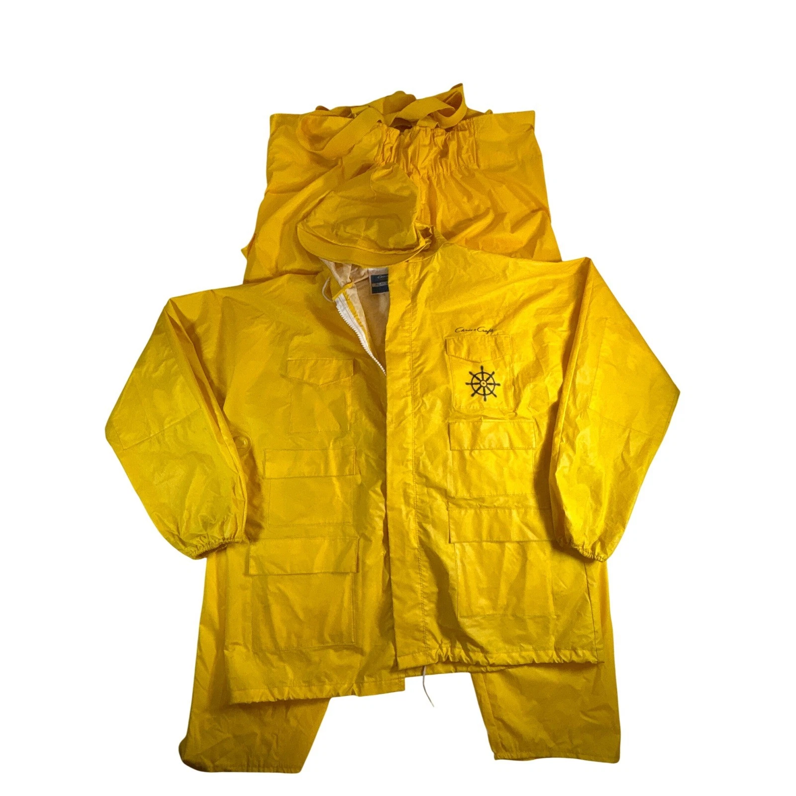 VTG Chris-Craft Yellow Rain Suit Jacket Bib Overalls PVC Maritime Gorpcore XL - product detail image 1