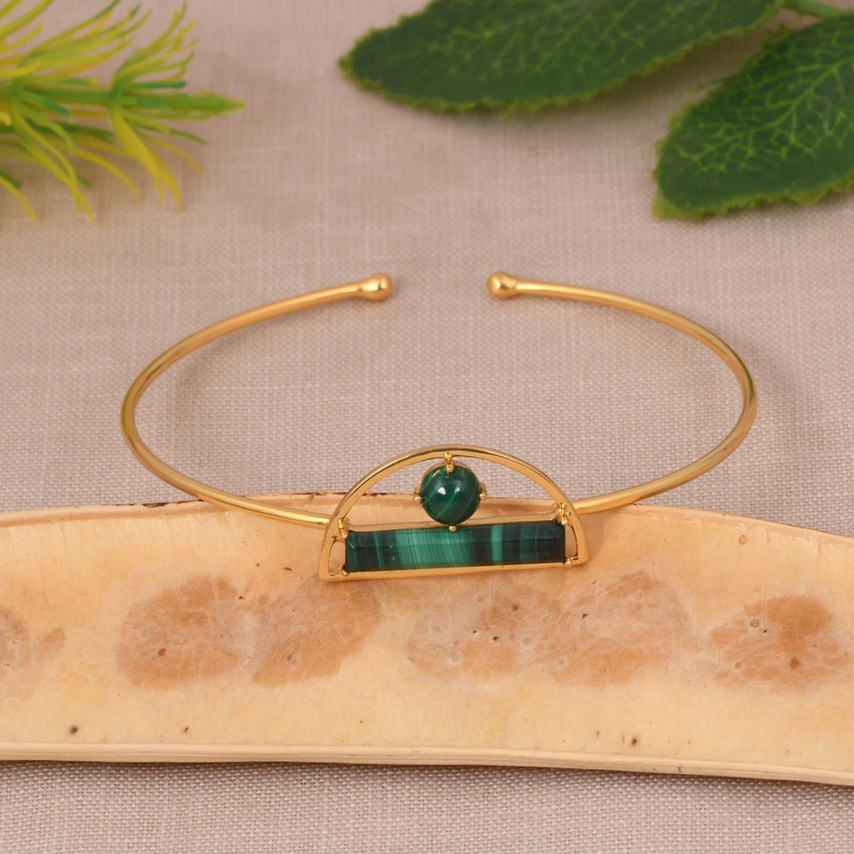 Brazalete para mujer enchapado en oro de 18k diseño media luna con malaquita joyería regalo Foto 4 de 4