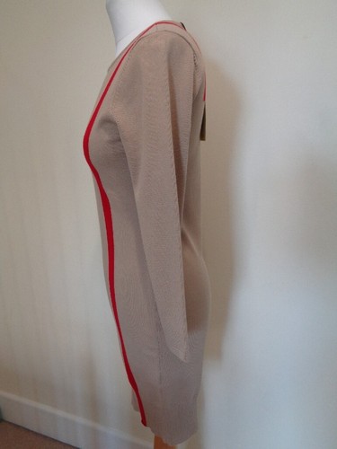 KAREN MILLEN BRAND NEW BEIGE KNITTED DRESS WITH RED STRIPE DETAIL - SIZE MEDIUM - Picture 5 of 7