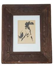 Chinese Yet-Por Cheng Horse Print Matted Carved Wood Frame 10-1/2" x 12-1/2"