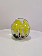 Vintage St. Clair Glass Yellow Trumpet Flower Paperweight With Controlled Bubble