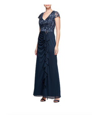 ALEX EVENINGS CASCADE RUFFEL EMBELLISHED LACE BODICE GOWN DRESS sz 6P