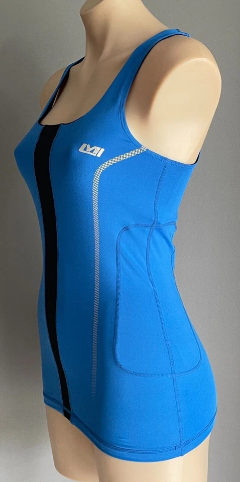 LES MILLS Tank Top Blue Black Trim Sleeveless Cut Out Back Stretch Sports Sz 10 - Image 4 of 4