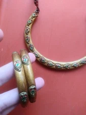 Beautiful india wood necklace And bracelet set ornate red green and gold colors