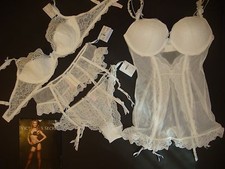 Victoria's Secret 34C,34DD,36D BRA SET garter SLIP corset BRIDAL white blue lace