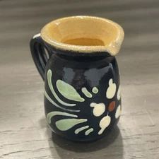 Signed Hand-painted Small Pitcher Creamer Vase Pottery Folk Art Daisy Blue 3"