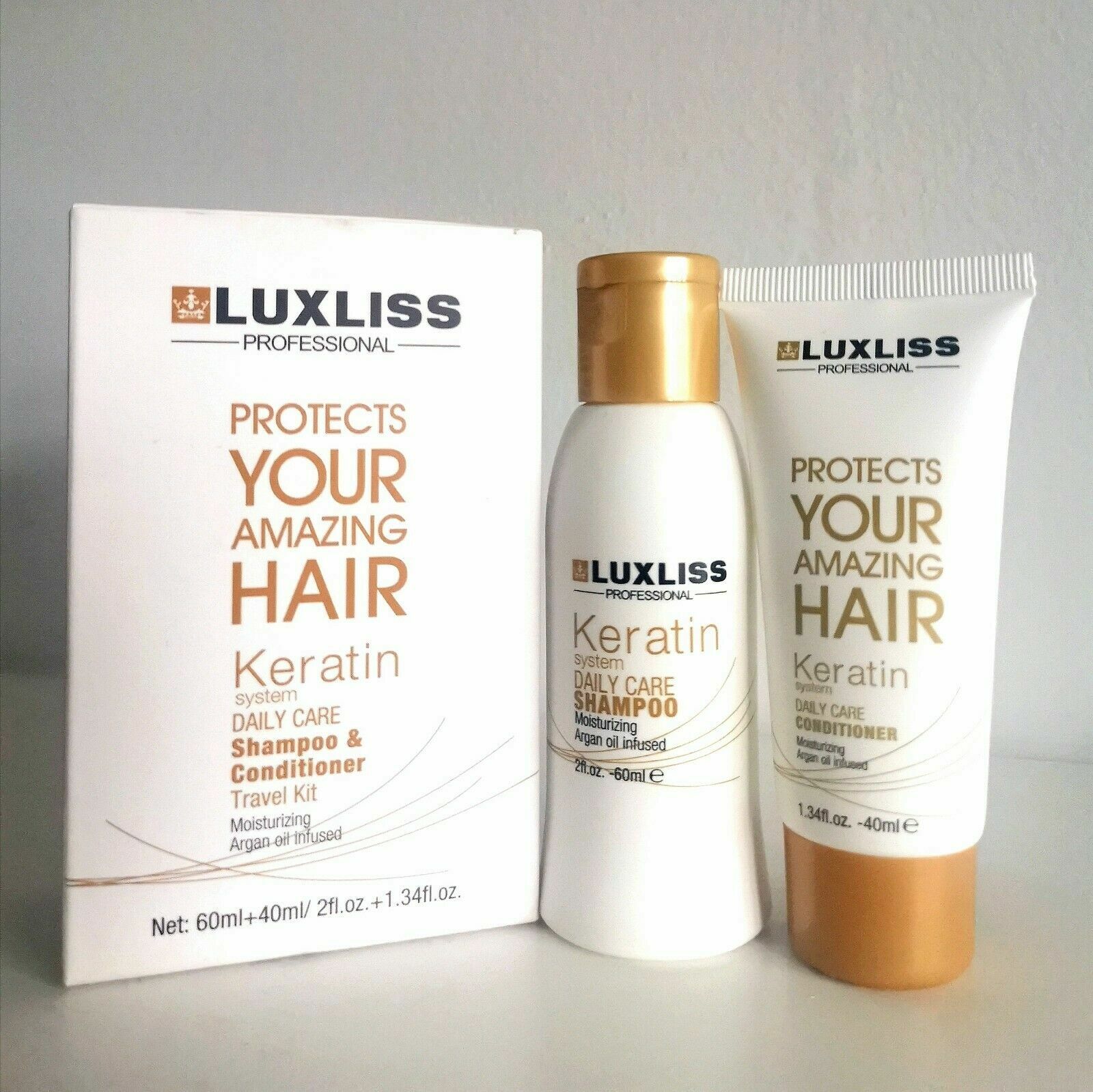 Luxliss travelsample size shampoo and conditioner with Keratin & Argan