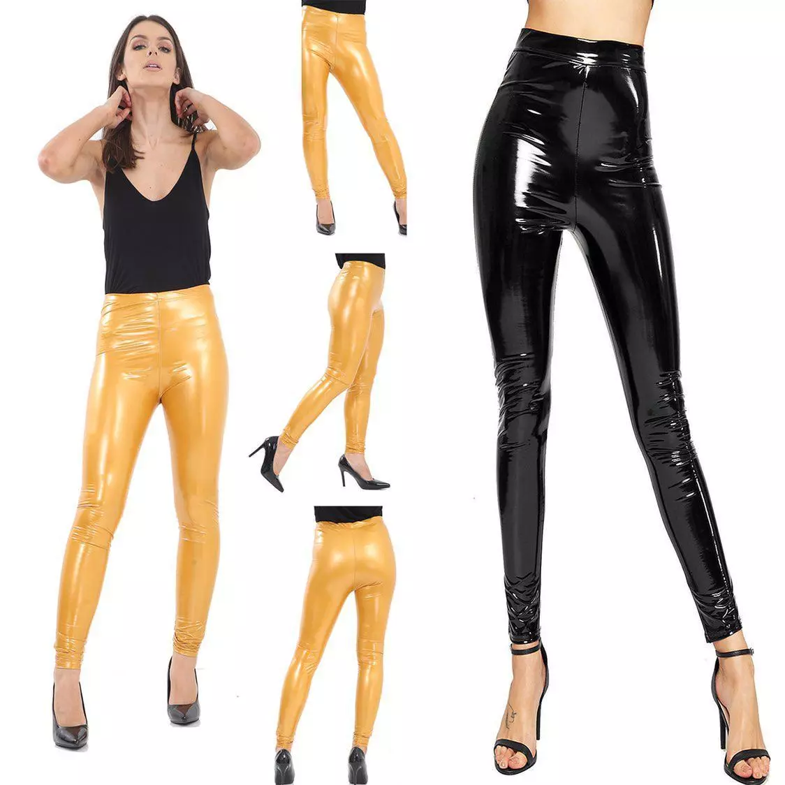 Women Ladies Vinyl PVC Wet Look Shiny Disco Elasticated High Waist Leggings  Pant