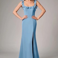 Azazie Callie Steel Blue Mermaid Side Slit Chiffon Dress Women's Size C NWT $120