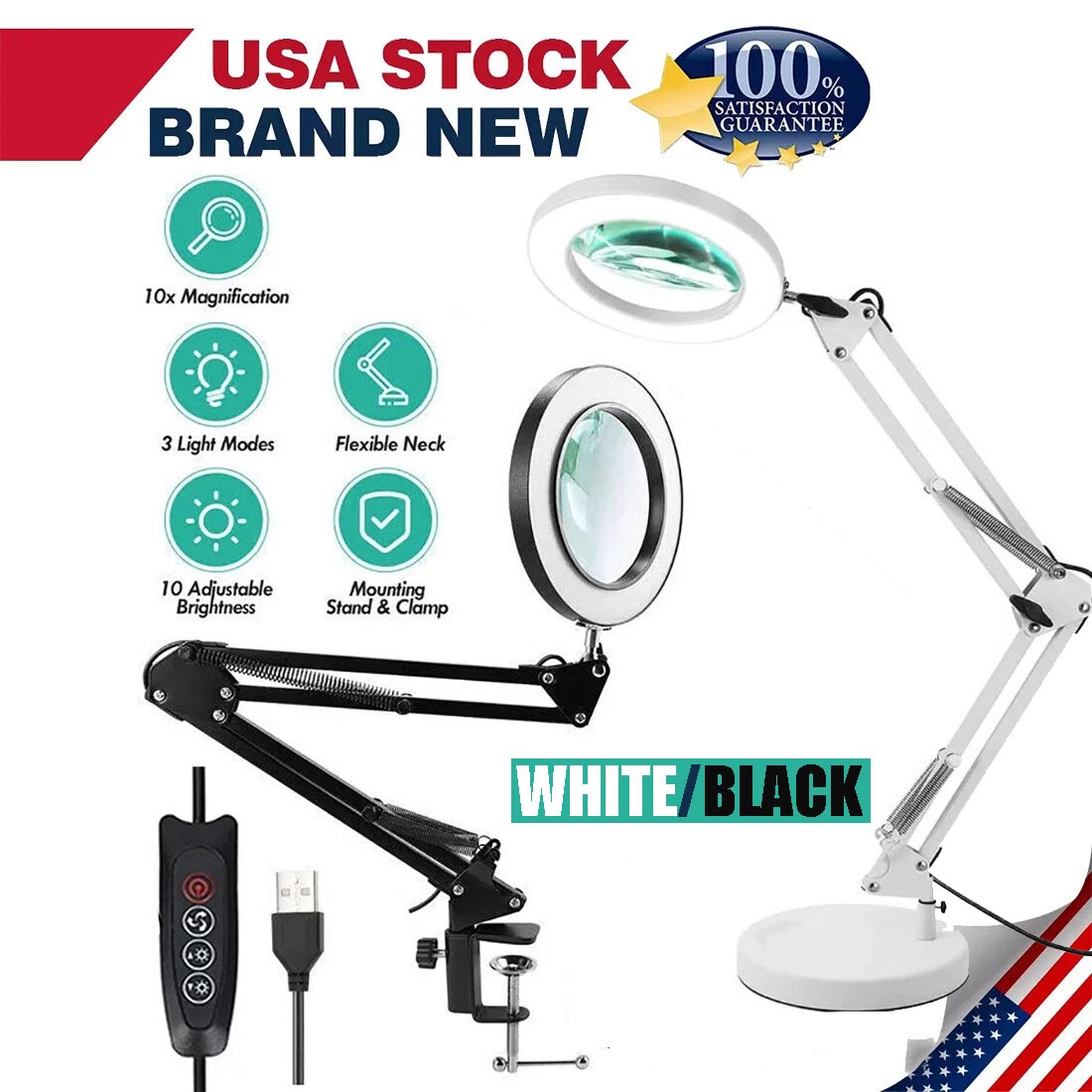 10x Magnifying Glass Desk Light Magnifier LED Lamp Reading Lamp With Base& Clamp