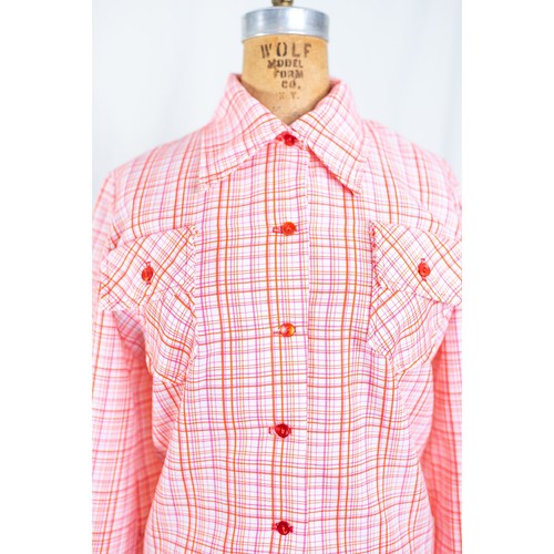 Vintage 60s Mod Pink Orange Plaid Day Dress, Bright Atomic MCM Long Sleeve, LG - Picture 3 of 10