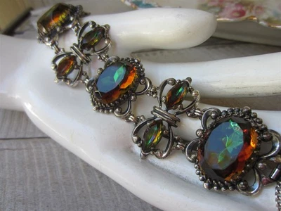 Vintage SCHAIPARELLI Glass WATERMELON RHINESTONE Ornate Silver Tone BRACELET - Image 1 of 4