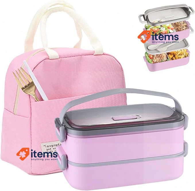 Haoh Fiambrera Kit, 1600 ML 2 Capas Con Cubiertos Y Bolsa Rosa Bento Microondas