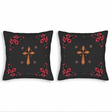 Set of 2 Decorative Throw Pillow Covers 18x18in - Orange Cross with Smiling Face