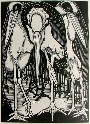 ART DECO Jan Schonk (1889 1976) Holzschnitt  Maraboes , 1928. Auflage von 75 Exe