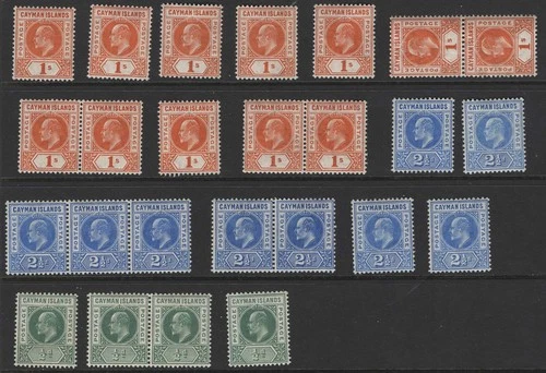 Cayman Is 1905 MCA 12x 1s orange sg12 fine fresh um, ditto 9x 2½d sg10 and 4x ½