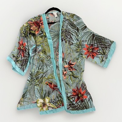 Chicos Paradise Escape Kimono Womens L/XL Blue Birds Floral Silk Blend Vacation