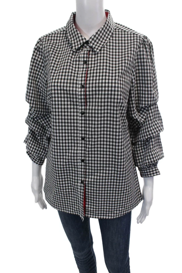 Camisa de guinga Insight para mujer con cuello delantero con botones manga 3/4 negra blanca mediana Foto 2 de 4