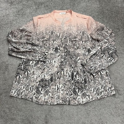 Calvin Klein Snake Print Button Down Tunic Blouse Womens XL Pink Sheer Top NWOT