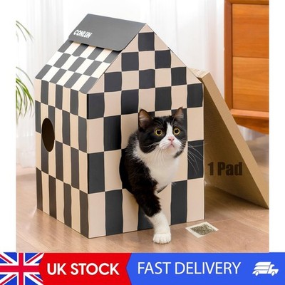 Katzenhaus aus Pappe mit Kratzbrett & Katzenminze, Katzenspiel Kratzhaus für