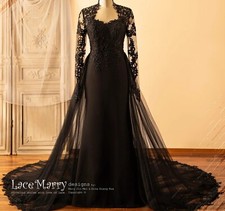 Luxurious Black Bridal Gown Lace Wedding Dress Custom made Buttons