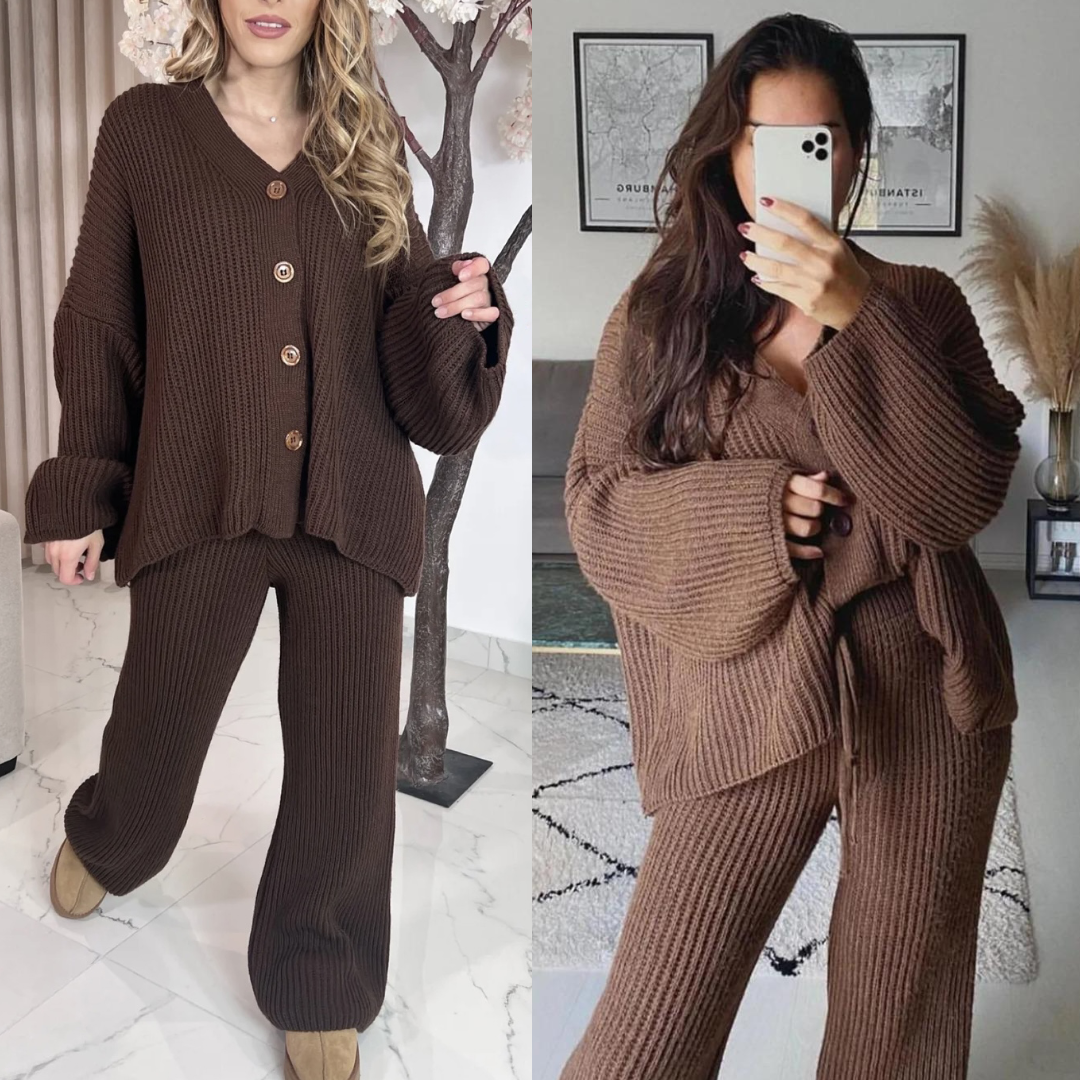 Ladies Chunky Knitted Button Up Cardigan Wide Leg Trousers Co ord