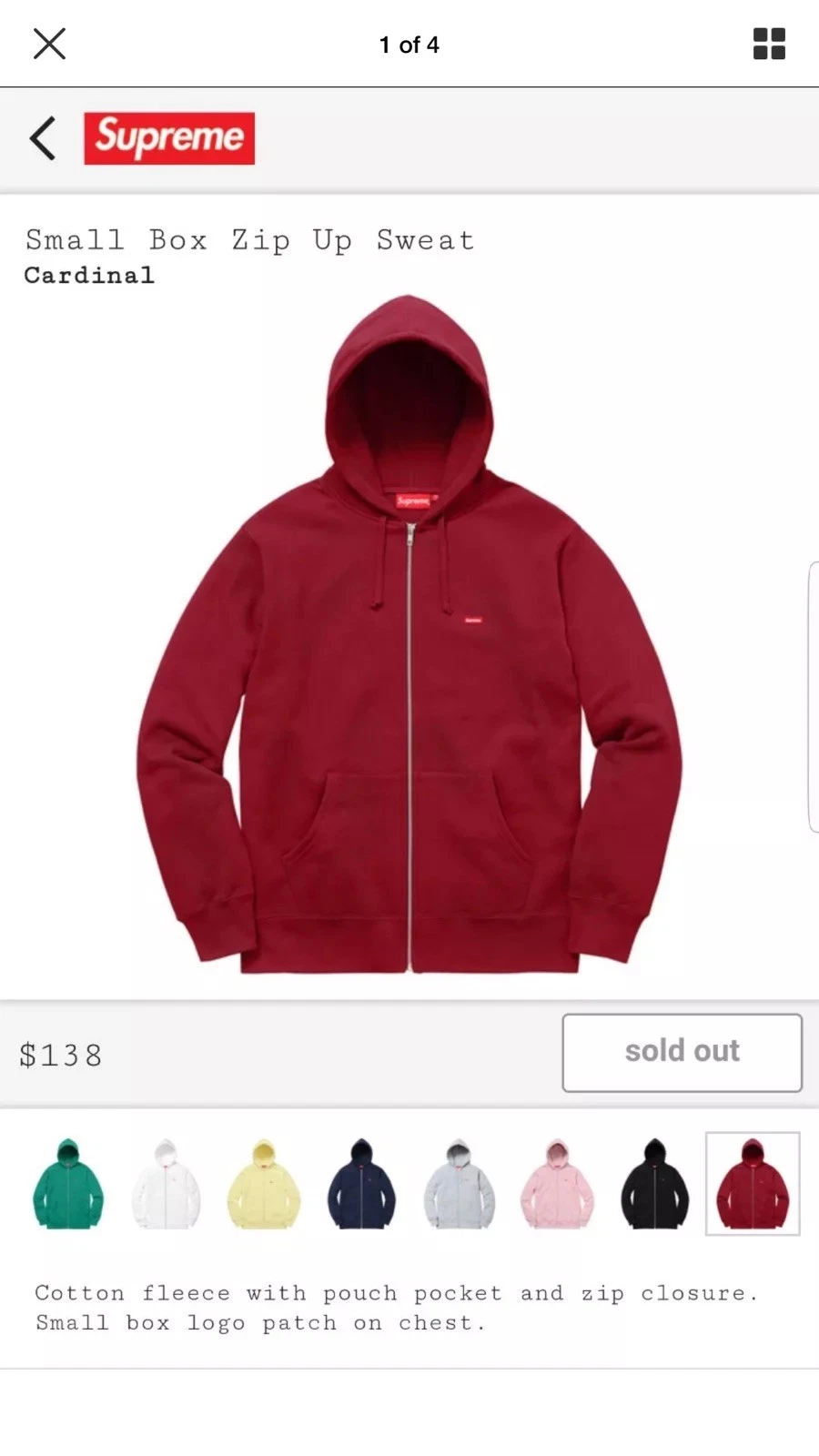 SWEAT à capuche SUPREME SMALL BOX LOGO ZIP UP ROUGE CARDINAL XL EXTRA LARGE SS17