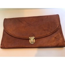 Vtg 1970's Leather Envelop Clutch Purse Industria Argentina Brown Dark Streaks