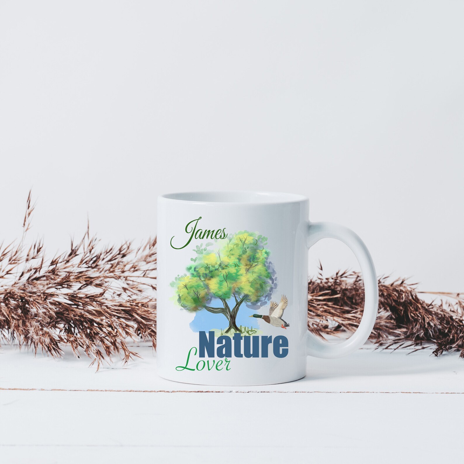 Personalized Ceramic Coffee Mug With Watercolor Illustration Nature Lover