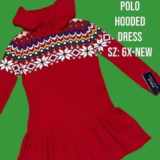 NEW-6X Girls Polo-Ralph Lauren Fair Isle Waffle-Knit Hooded Red Christmas Dress