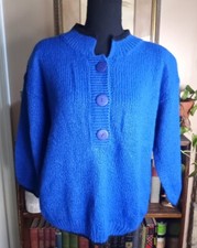 Vintage 80s, F E Design, Quarter Button Sweater, Blue, Women's Medium