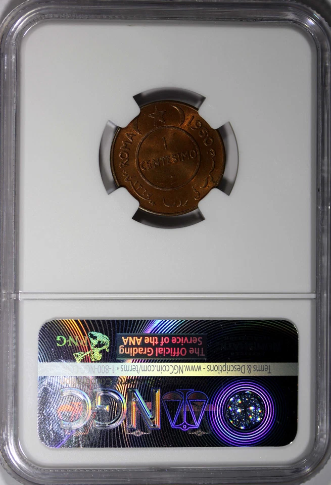 Somalia Copper AH1369   1950 1 Centesimo NGC MS63 RB African Elephant KM# 1 (8) - Image 3 of 4