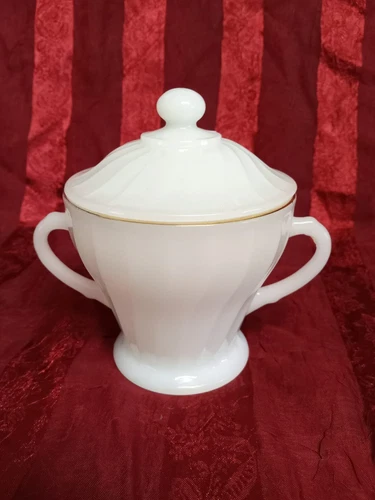 Vintage Anchor Hocking Fire King Swirl Gold Rim Sugar Bowl & Lid ~Made in USA~