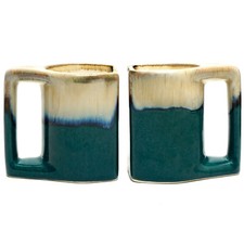Rodolfo Padilla Green Stoneware Coffee Mugs Set of 2  Drip Glazed 8 Oz Beige Rim