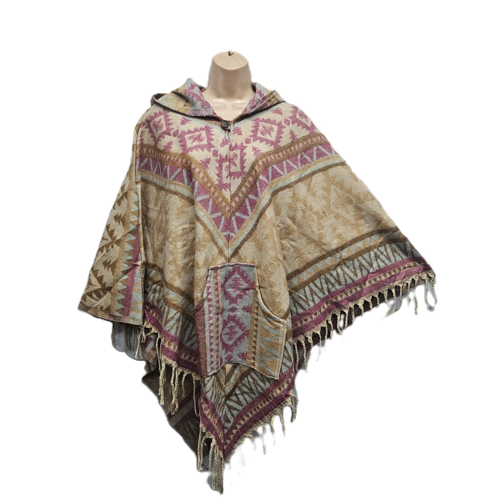 Geometric Print Hooded Acrylic Wool Hippy Festival Poncho Tassel Pocket S M L XL