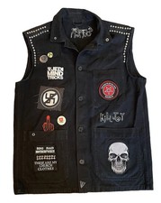 Men s Large Custom Hand Made Button Up Black Denim Patchwork Biker Goth Vest-C