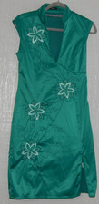 JANE NORMAN SIZE 12 GREEN STRETCH SATIN EMBROIDERED ORIENTAL STYLE FITTED DRESS