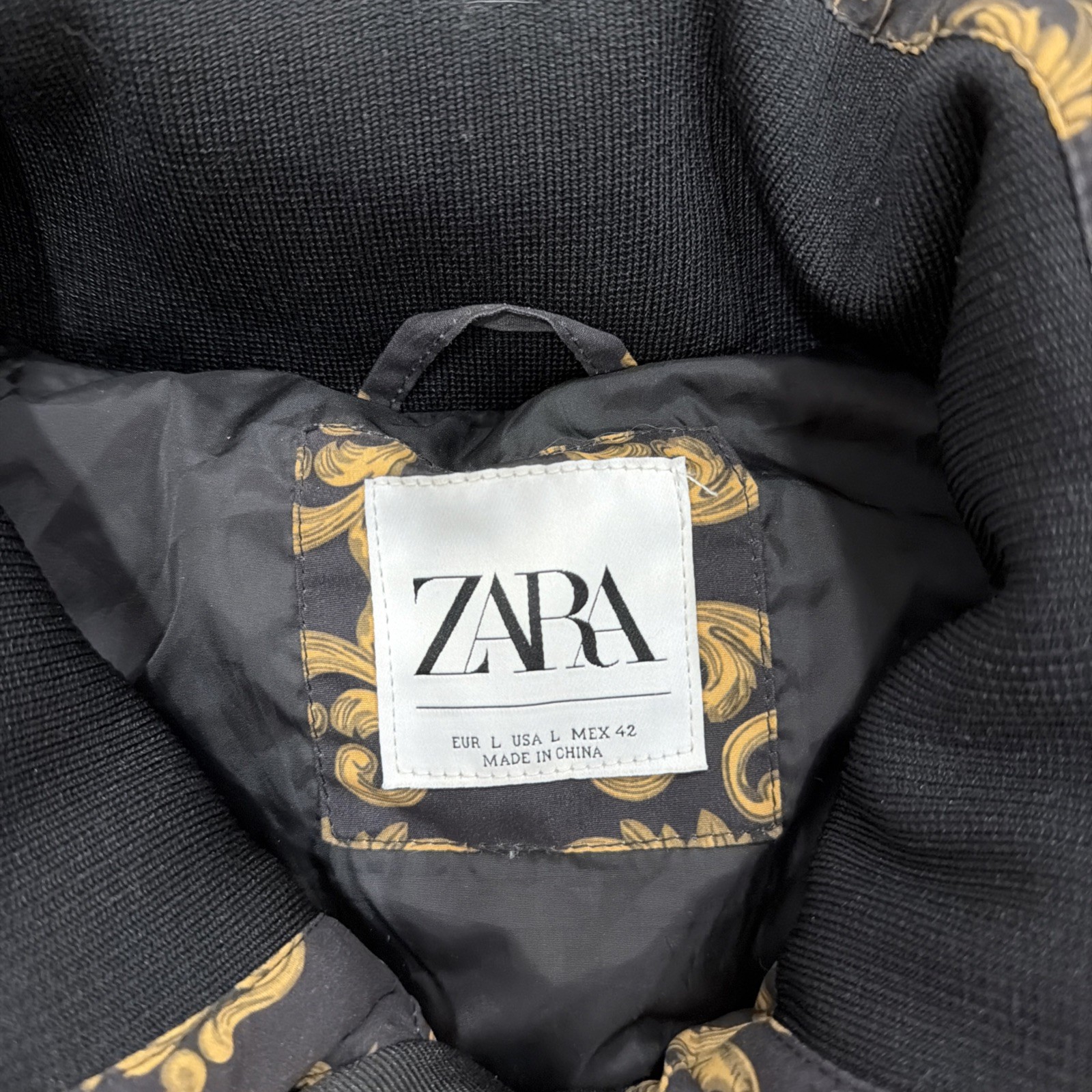 ZARA Skater Scroll Motif Quilted Bomber Jacket Large Black and Gold EUC image 5