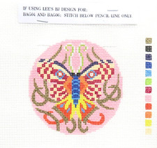 LEE Round BJ Insert 184 Pink Butterfly Handpainted Needlepoint Canvas