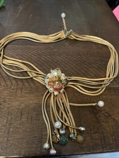 Alice Caviness Necklace Vintage 6 Stand Mesh Beaded Tassel Faux Pearl Goldtone