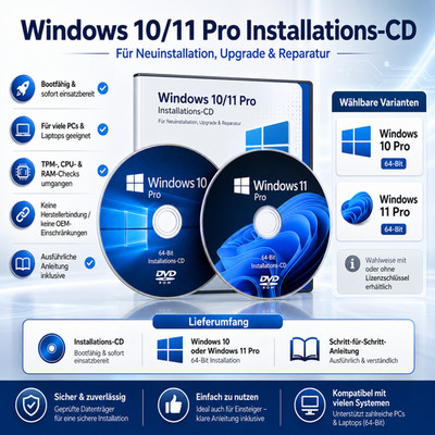 Windows 11 + 10 Pro Installation CD DVD Disk für PC & Laptop + Anleitung Repair